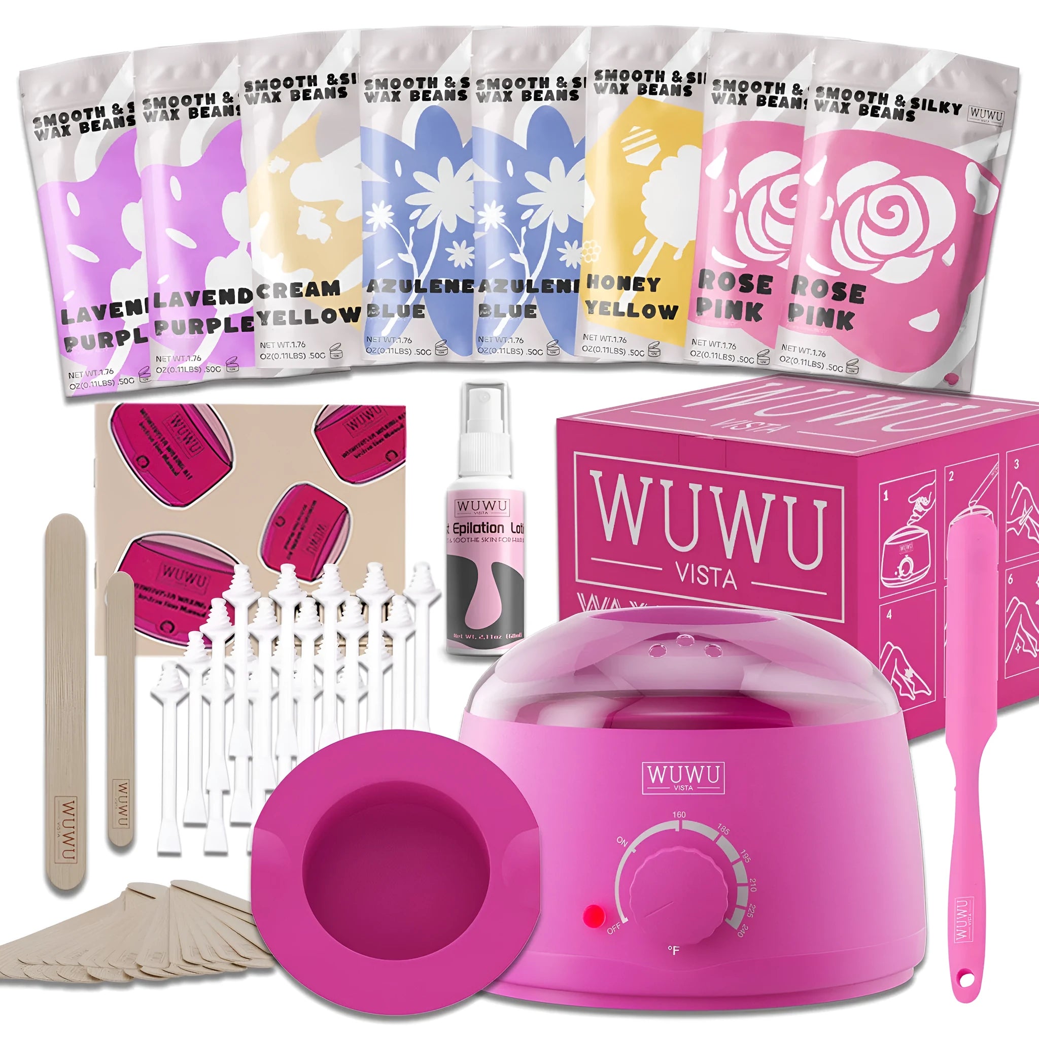 WUWUVISTA 63-piece waxing kit with black wax warmer, pink wax beads, applicator sticks, and silicone tools