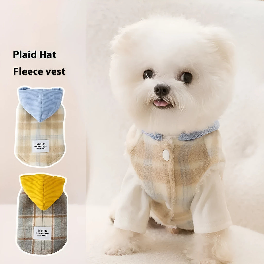 Blue corduroy dog vest with chessboard grid pattern and hooded design for winter walks