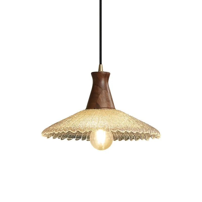 Retro brass and glass ceiling chandelier with wooden body for restaurant lighting
