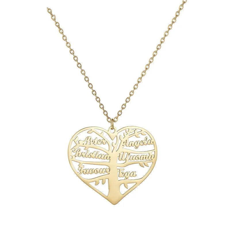 Custom silver necklace with hollow heart and life tree pendant engraved with names on a 50cm chain.