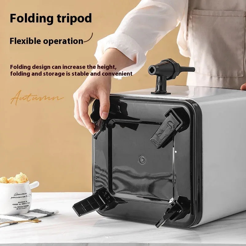 Silver stainless steel milk tea bucket with square lock design showing 8 litre capacity