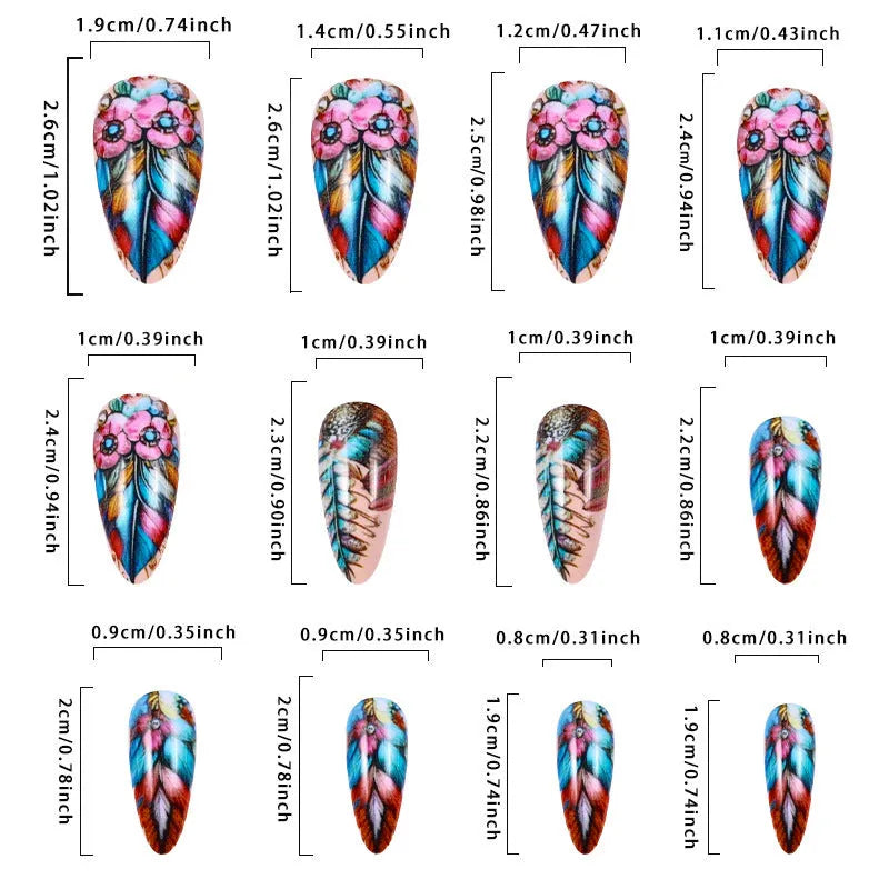 Colourful retro feather design nail art armour plates with cartoon, heart, and butterfly patterns.