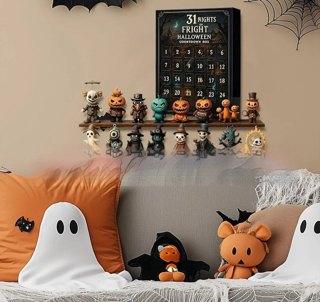 Halloween advent calendar display with numbered blind boxes containing horror-themed resin dolls