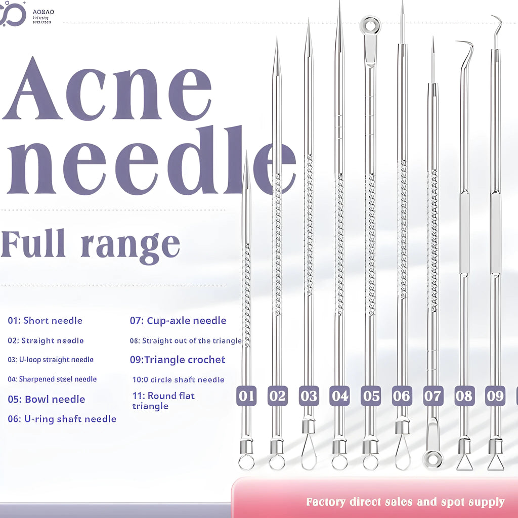 Four silver metal acne needles with pointed tips laid out on a flat surface.