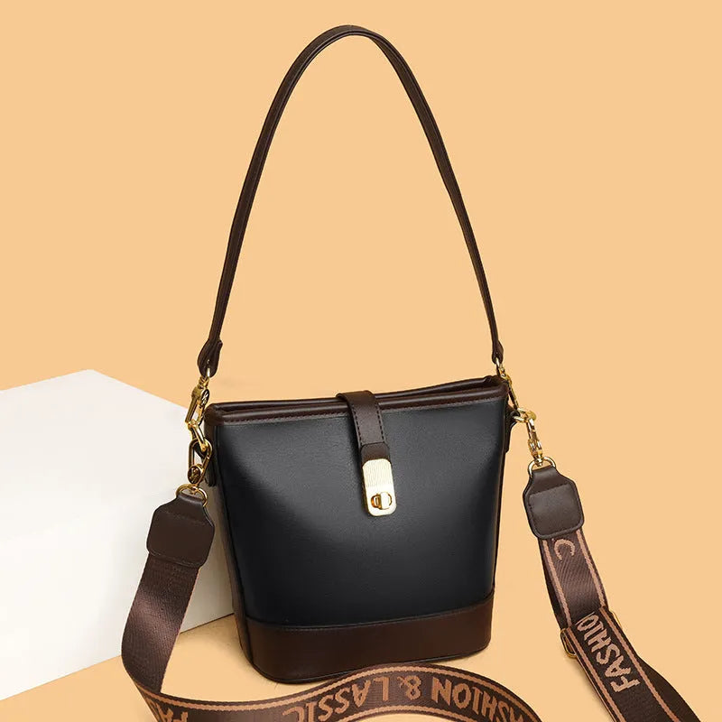 Korean style black PU bucket shoulder messenger bag showing internal organisation compartments