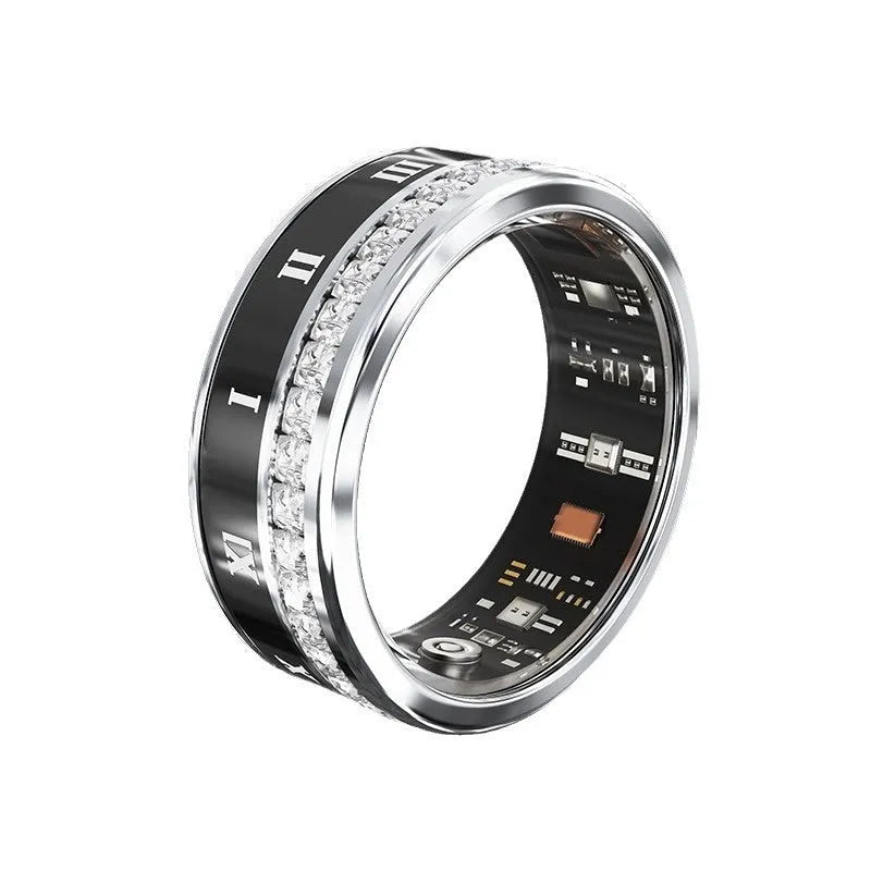 Silver and gold smart ring with diamond inlay showing blood oxygen monitoring technology