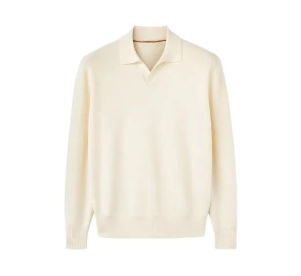 Pure wool POLO sweater with lapel collar in loose fit, shown in milky white and navy blue colour options