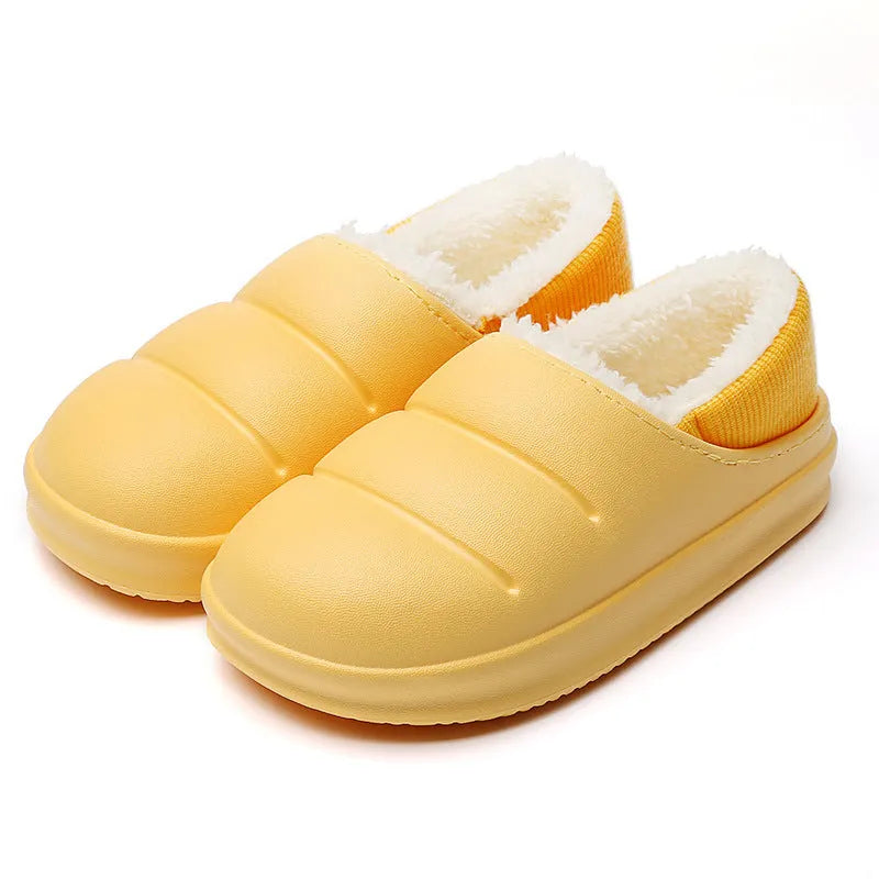 A pair of green EVA couple slippers with plush lining, shown as indoor house shoes and outdoor garden overshoes.