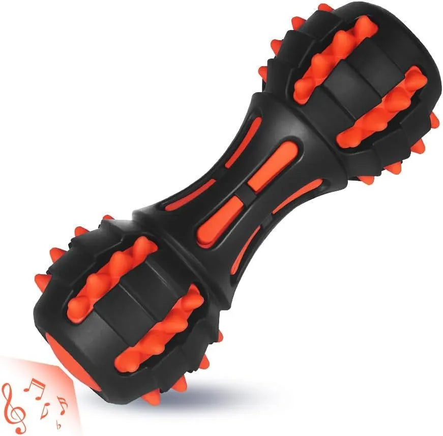 Red rubber dumbbell-shaped dog chew toy for aggressive chewers with textured surface