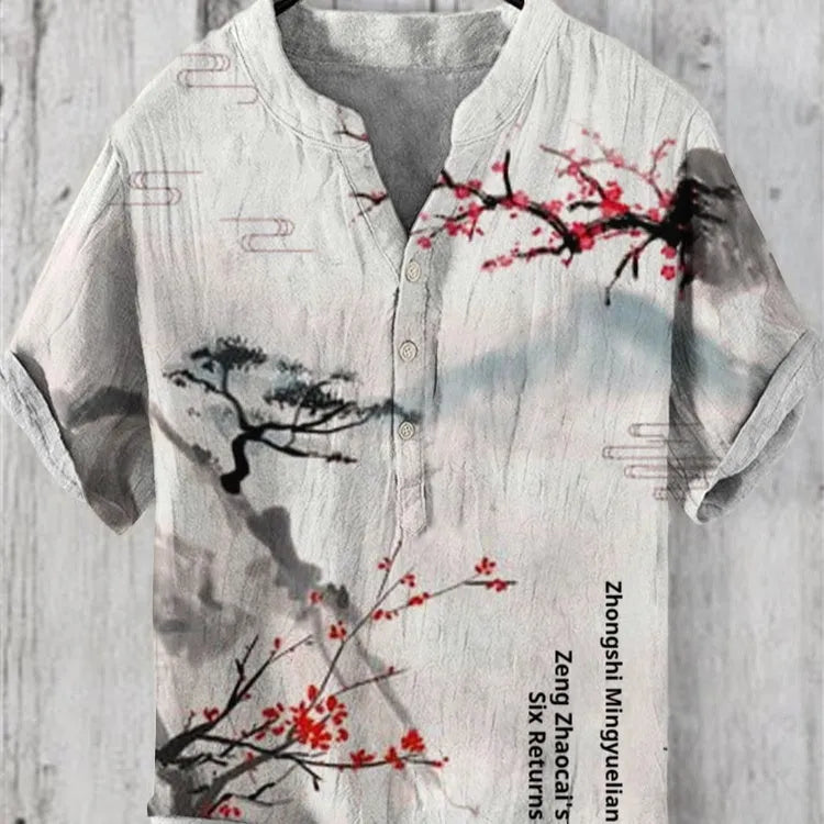 Man wearing a short sleeve shirt with a vivid 3D digital print of an animal graphic.