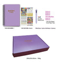 J12 purple coil-bound financial planning notebook with pen, stickers, and paper clips