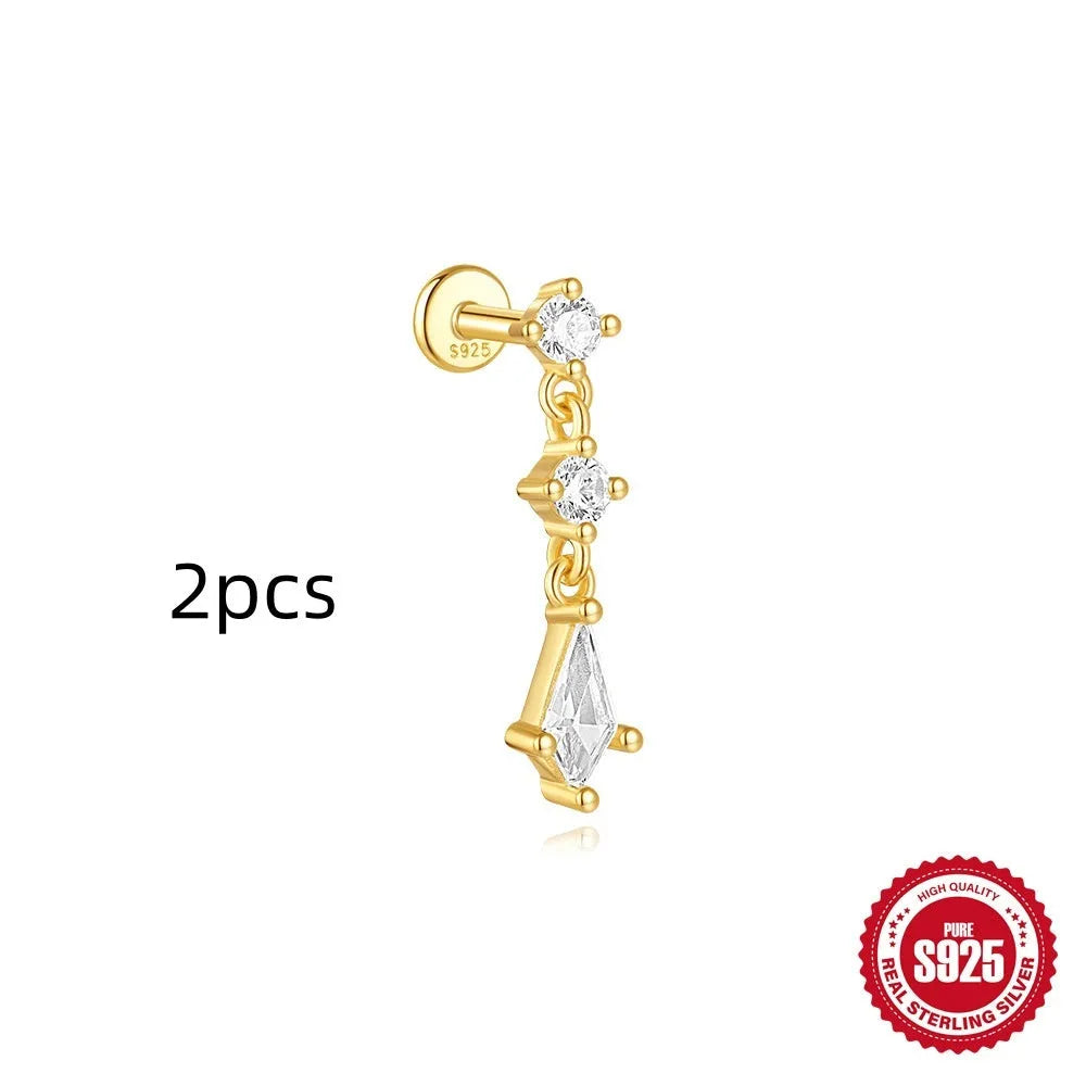 S925 sterling silver geometric kite-shaped earring with rhinestone chain tassel in a gold colour finish.