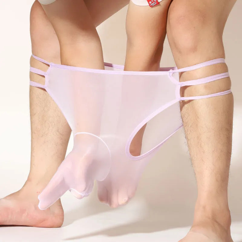 Men's transparent elephant nose shorts in nylon fabric showing mid-waist design and free size fit
