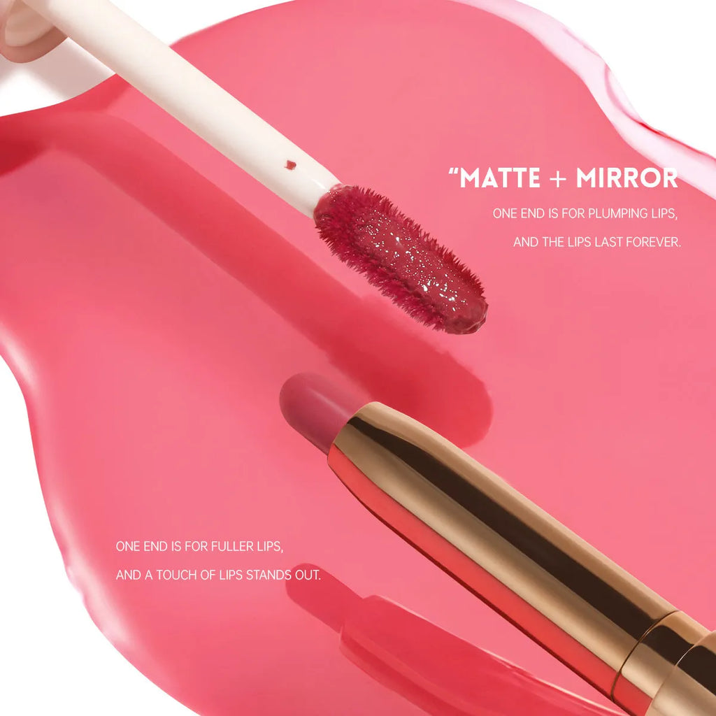 Double-headed lipstick showing matte finish on one end and matching gloss on the other