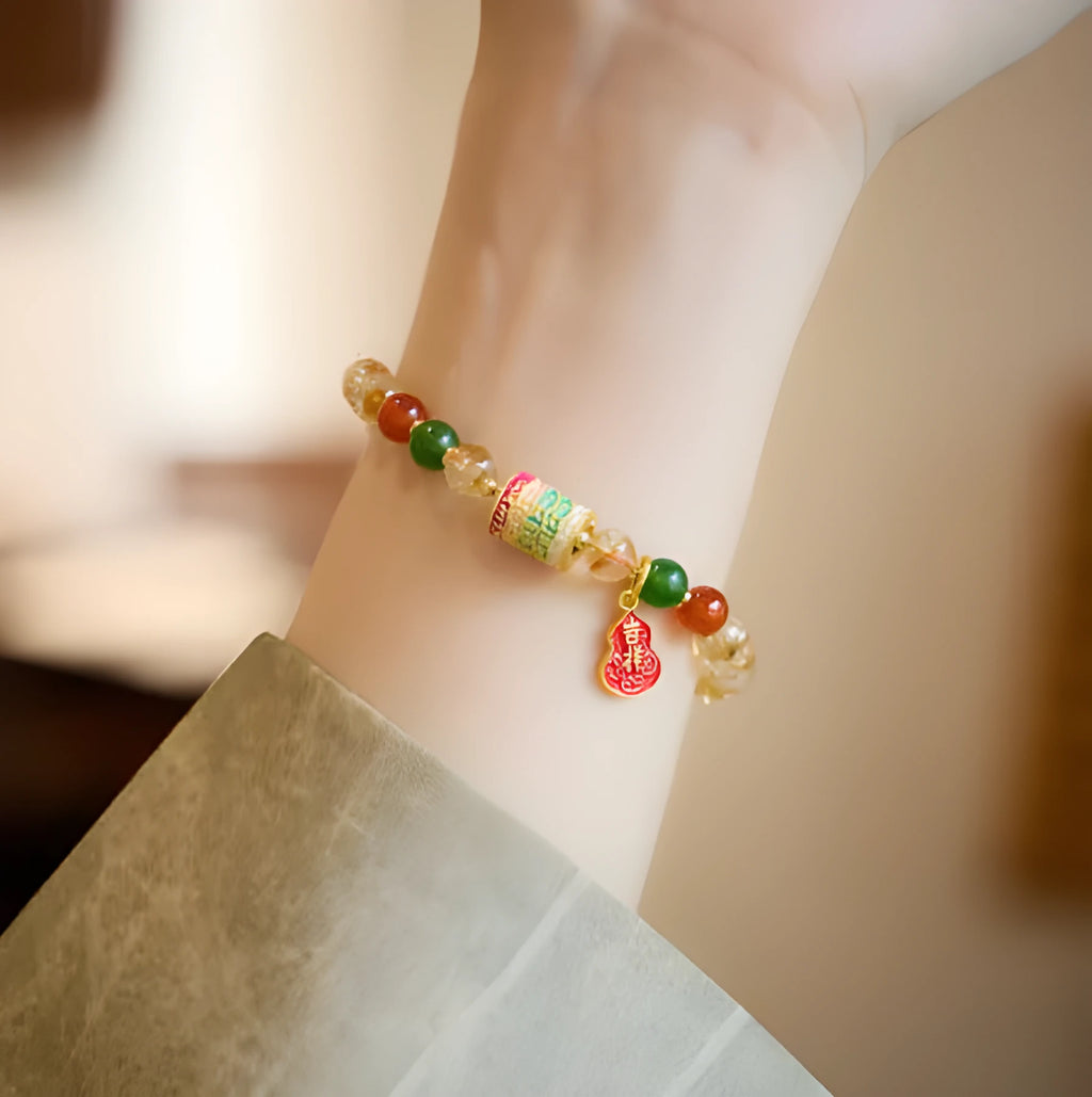 Hand-woven citrine five sutra bracelet with 6mm crystal beads and geometric five-warp design