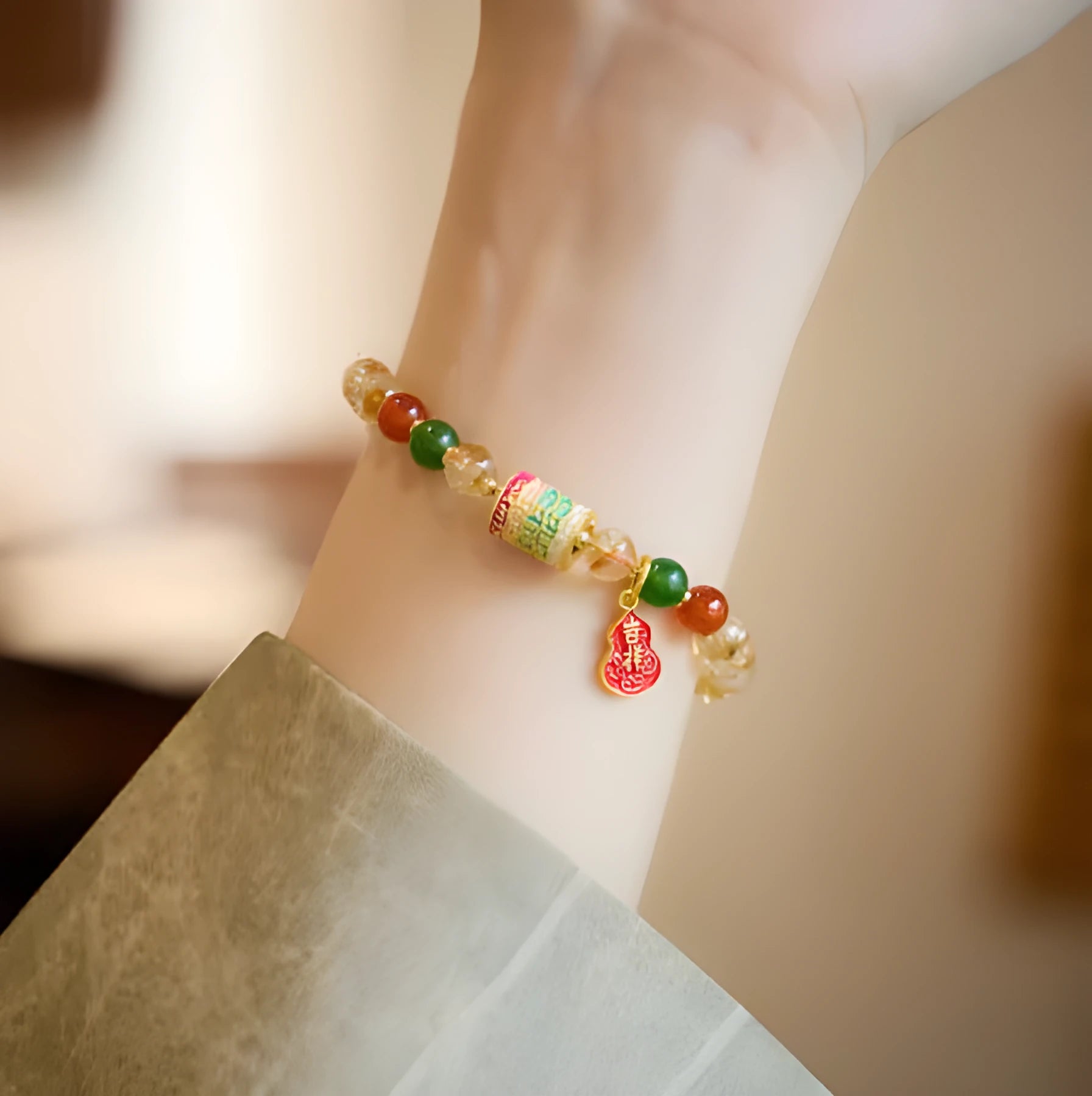 Hand-woven citrine five sutra bracelet with 6mm crystal beads and geometric five-warp design