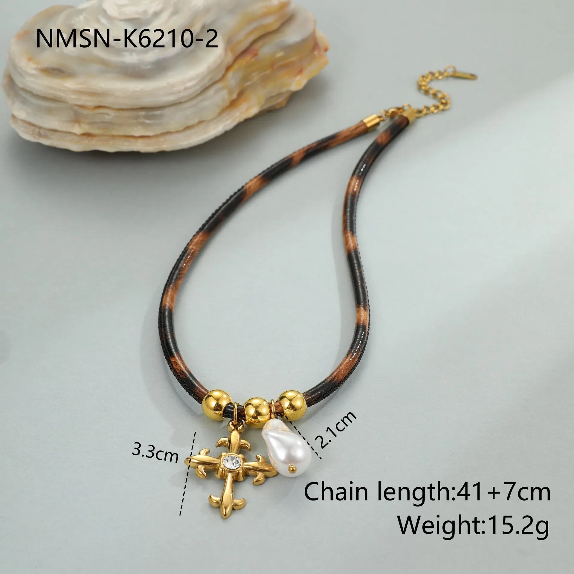 Women's stainless steel necklace with geometric leopard leather pendant on gold chain