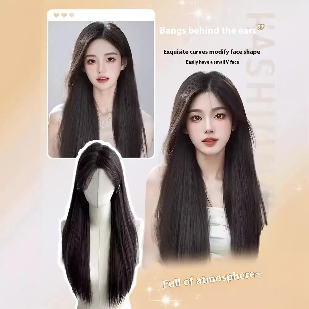 Forehead lace long straight black wig with side bangs in high temperature fibre material