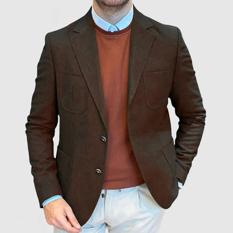 Men's loose-fit cotton suit jacket in a retro style, shown in a solid colour.