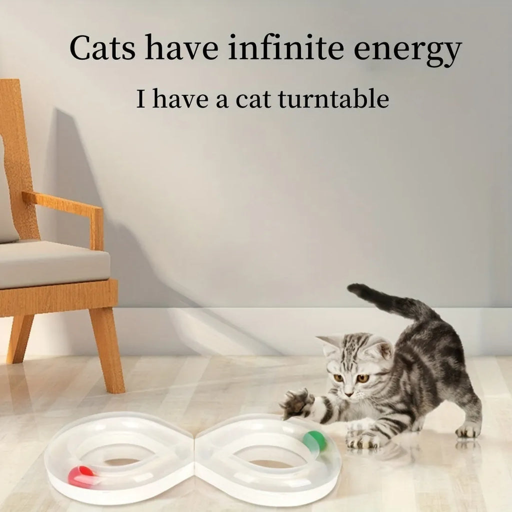 Blue interactive cat toy with turntable track ball system and teasing stick for self-play and owner interaction