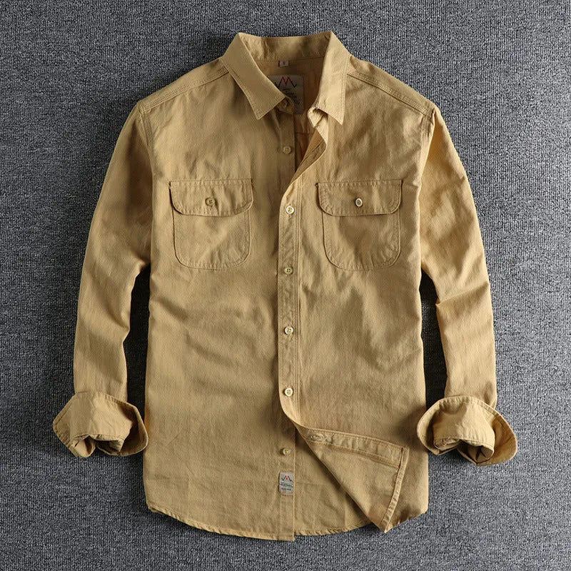 Men's retro cotton long sleeve shirt in solid white or light blue colour with cardigan-style cut