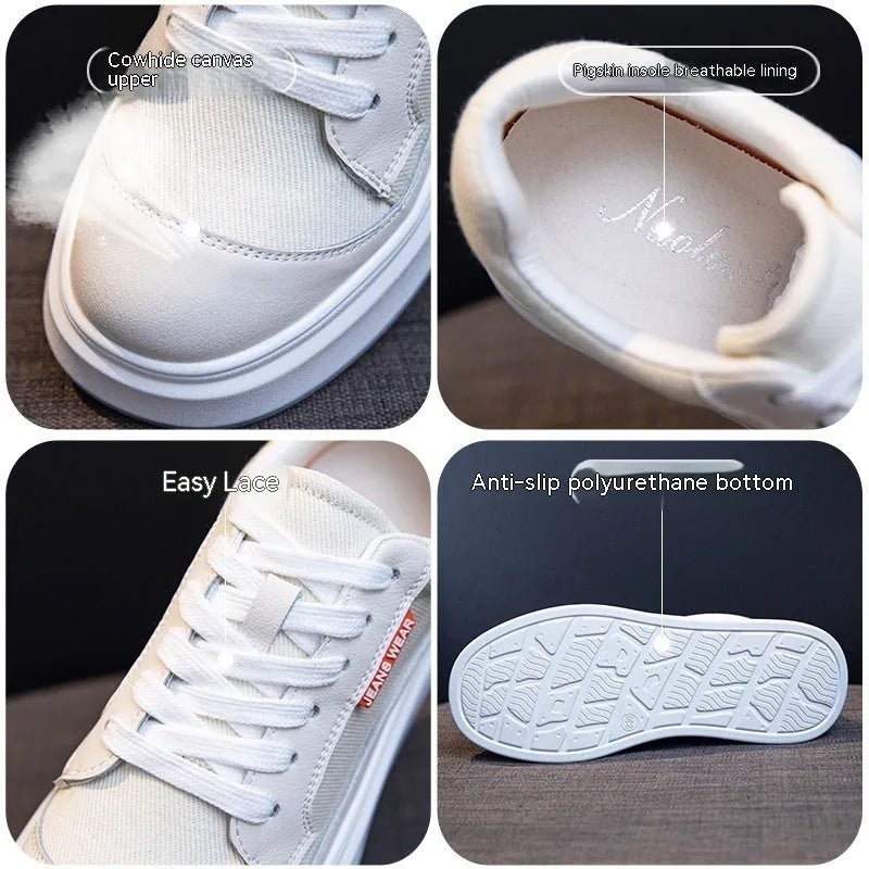 Women's beige and pink thick-soled leather board shoes on a white background.