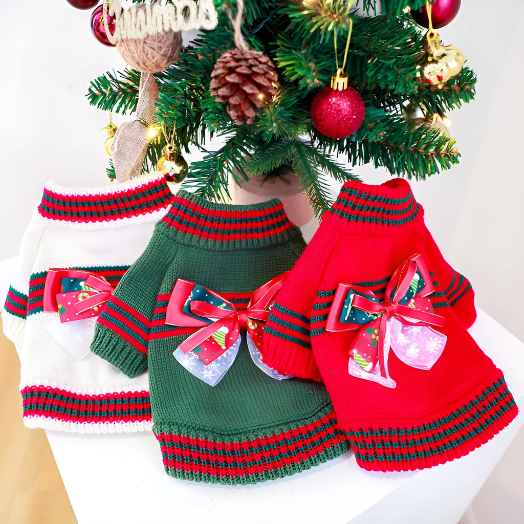 Green polyester dog Christmas jumper showing knitted sweater design for festive seasonal wear