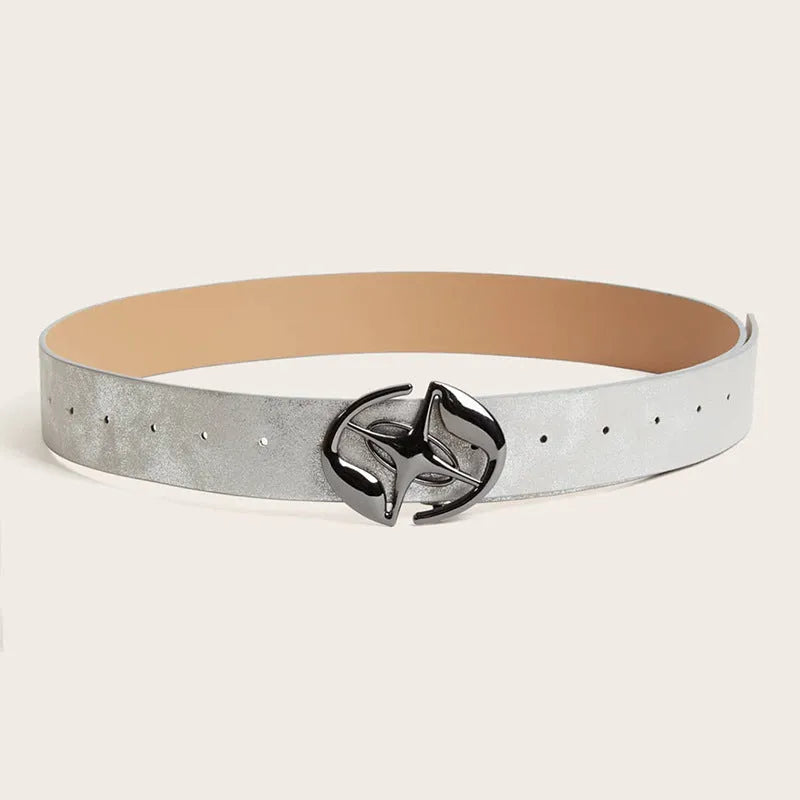 Women's retro wide belt with oval alloy buckle on PU leather strap in grey white colour
