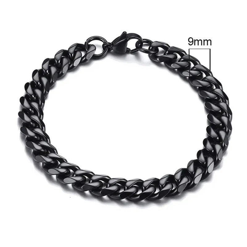 Six-sided geometric Cuban link metal bracelet in gold colour, shown in various widths.