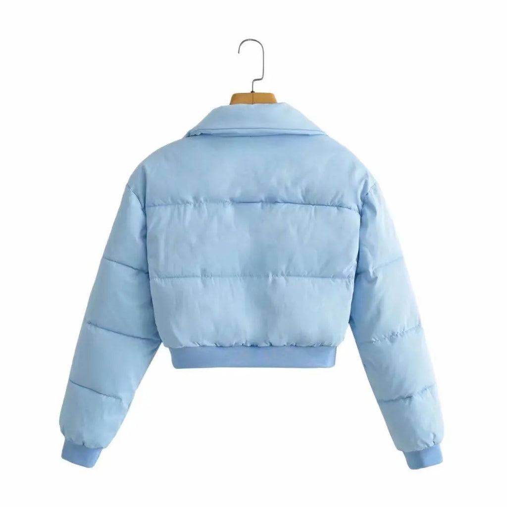 Women's loose fit polyester jacket in blue, grey, black, and milky white colours with long sleeves