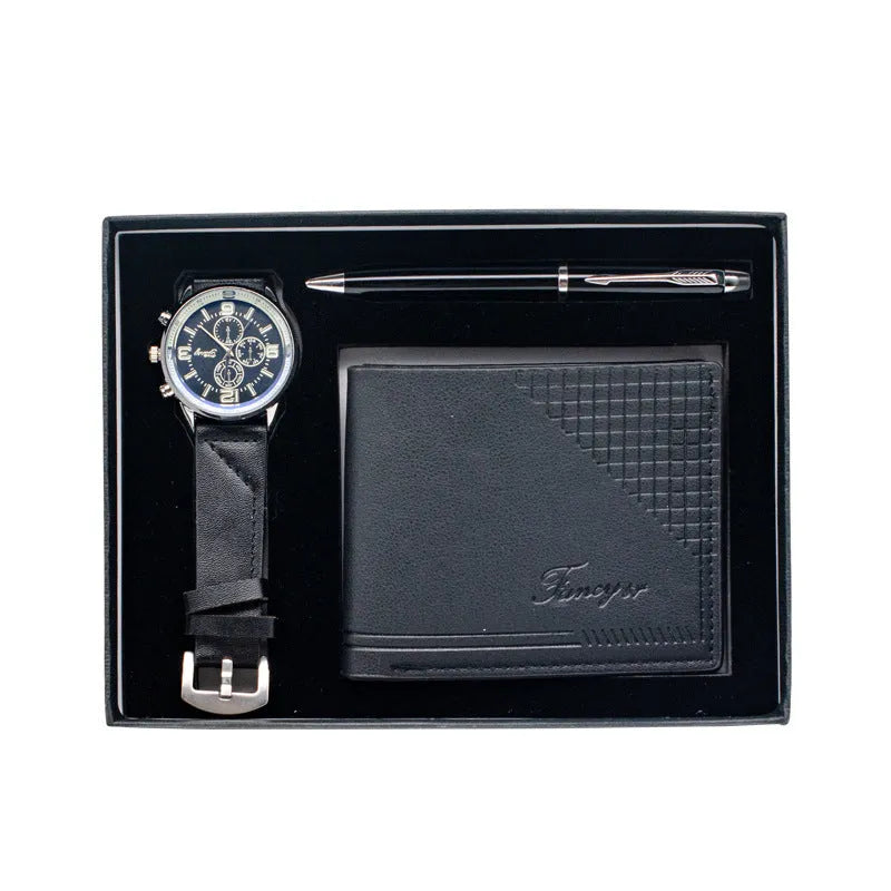 Business gifts set showing wallet, pen and watch in modern black presentation within OPP gift box
