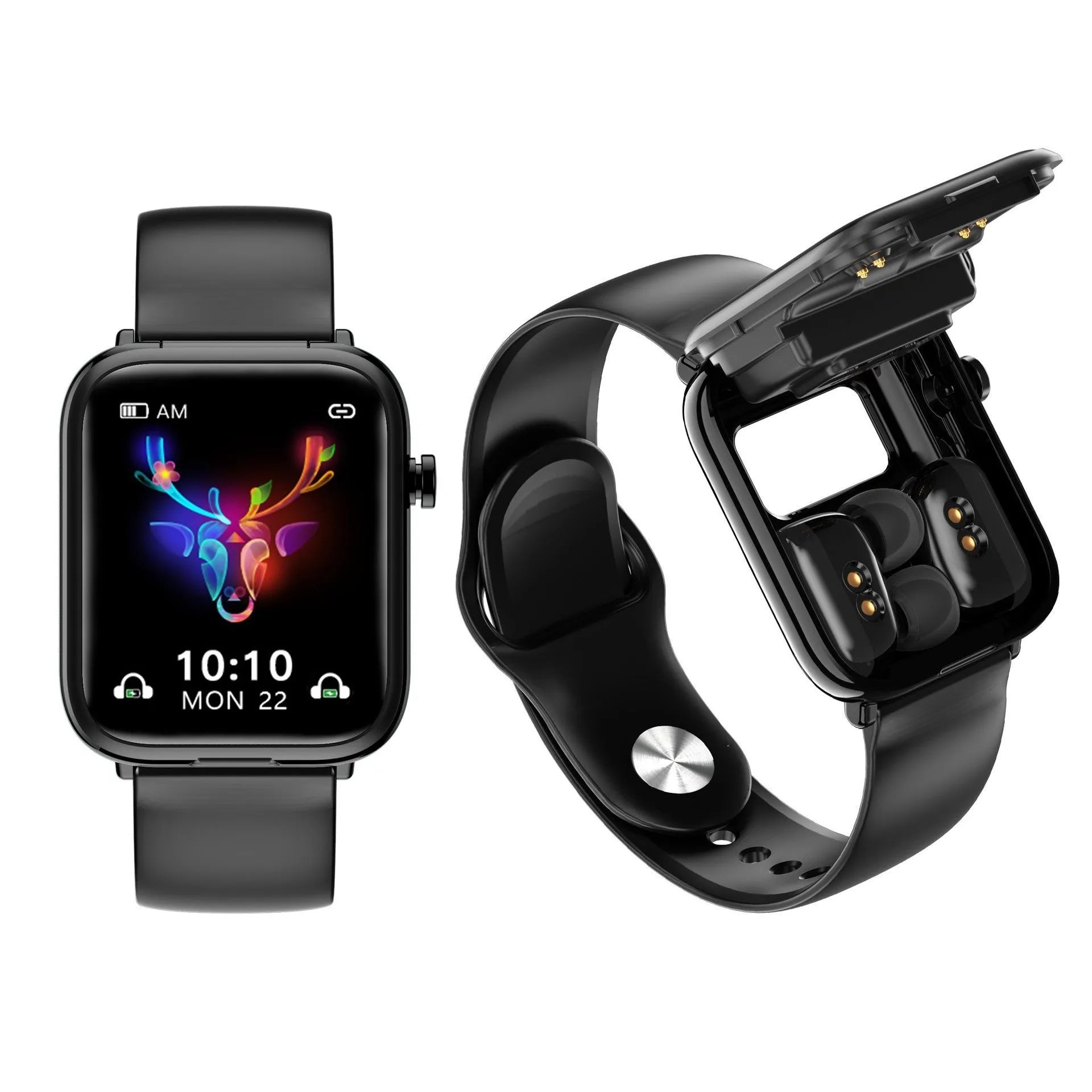 Black smartwatch with touch display and separate Bluetooth earpieces showing heart rate monitoring and call functions