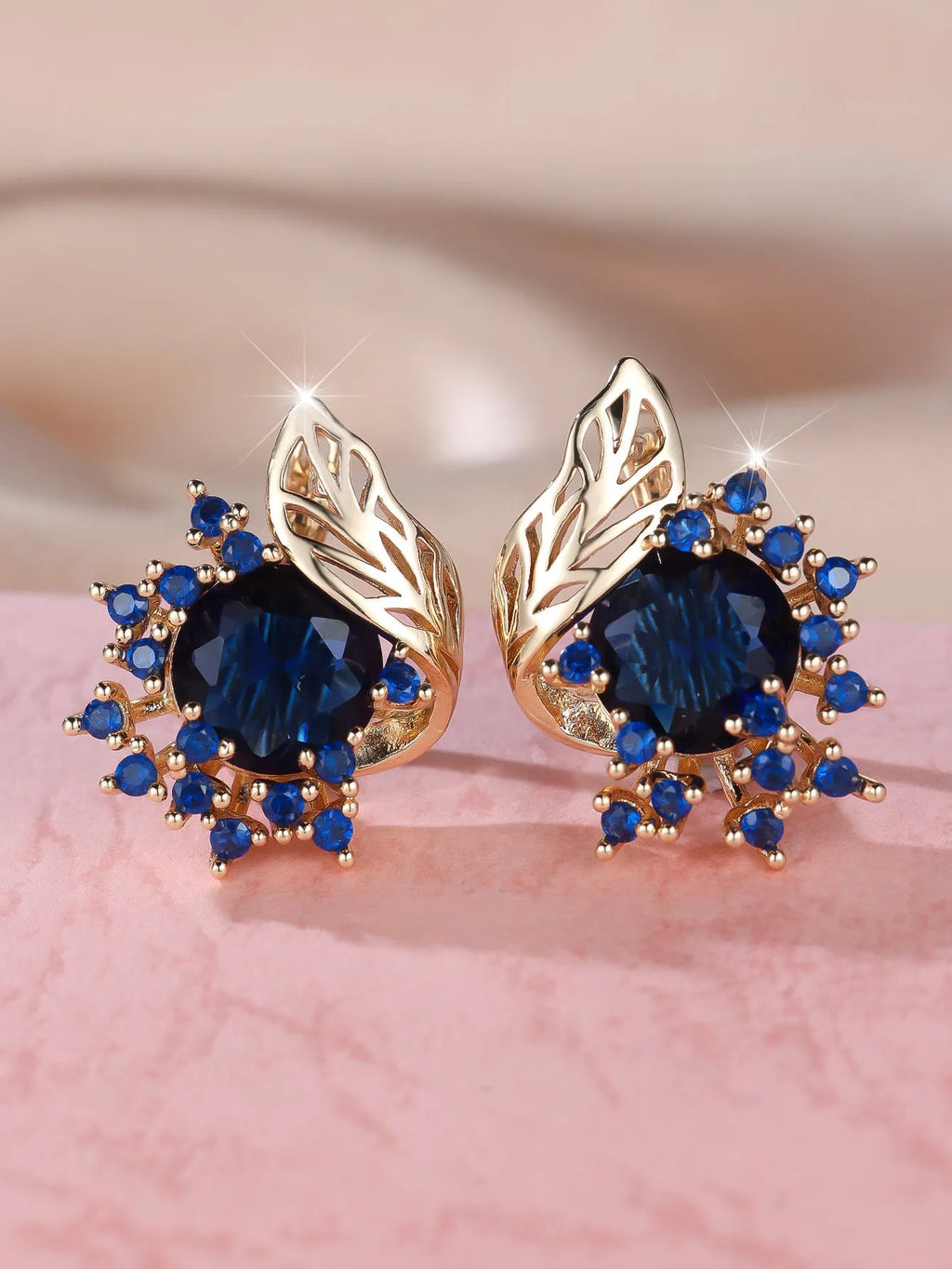 Round flower feather zircon drop earrings in champagne gold with six colour options
