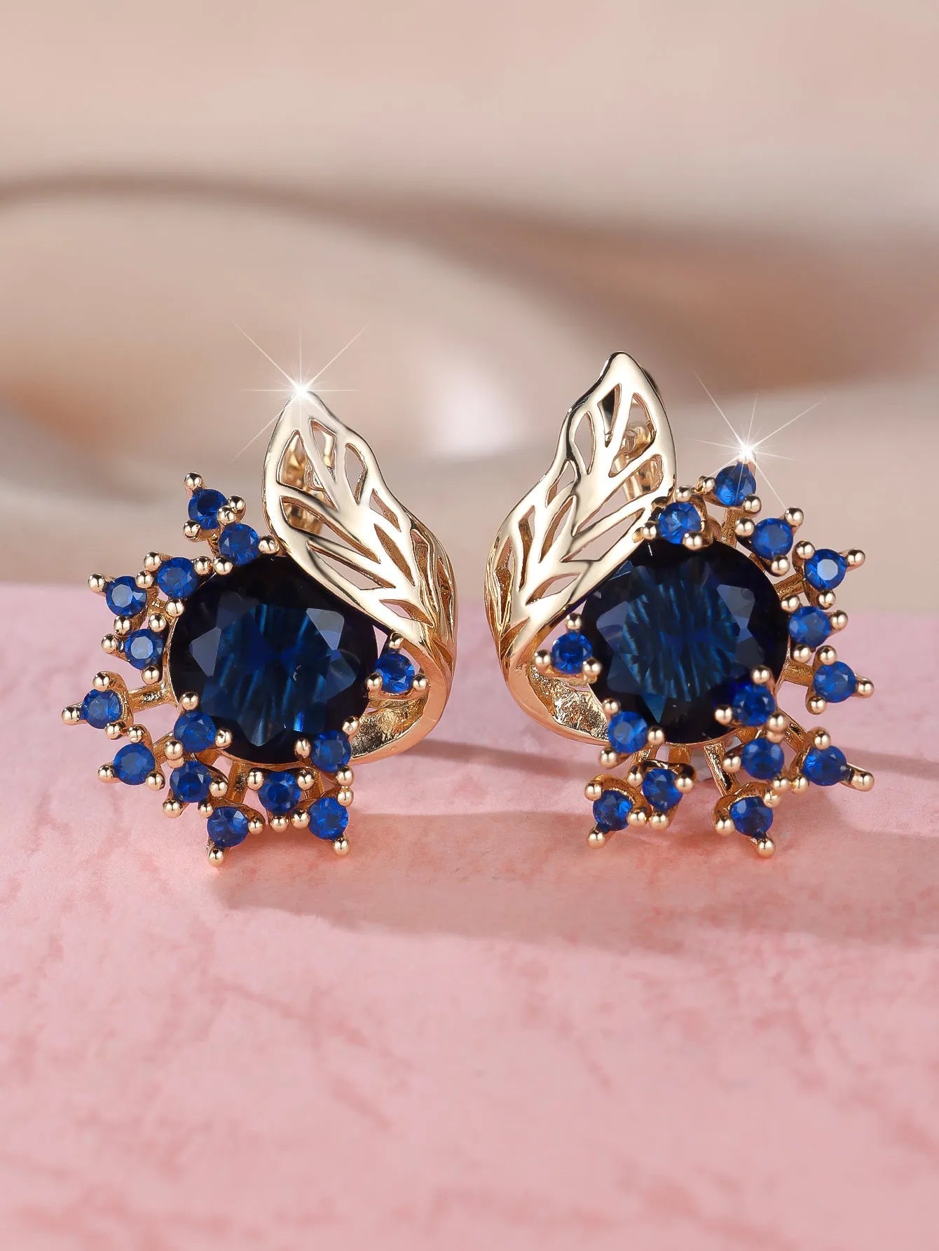 Round flower feather zircon drop earrings in champagne gold with six colour options