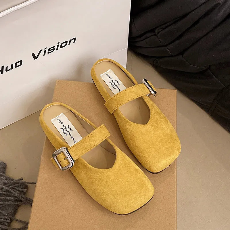 Women's flat closed toe half slippers in square head design with PU upper and rubber sole