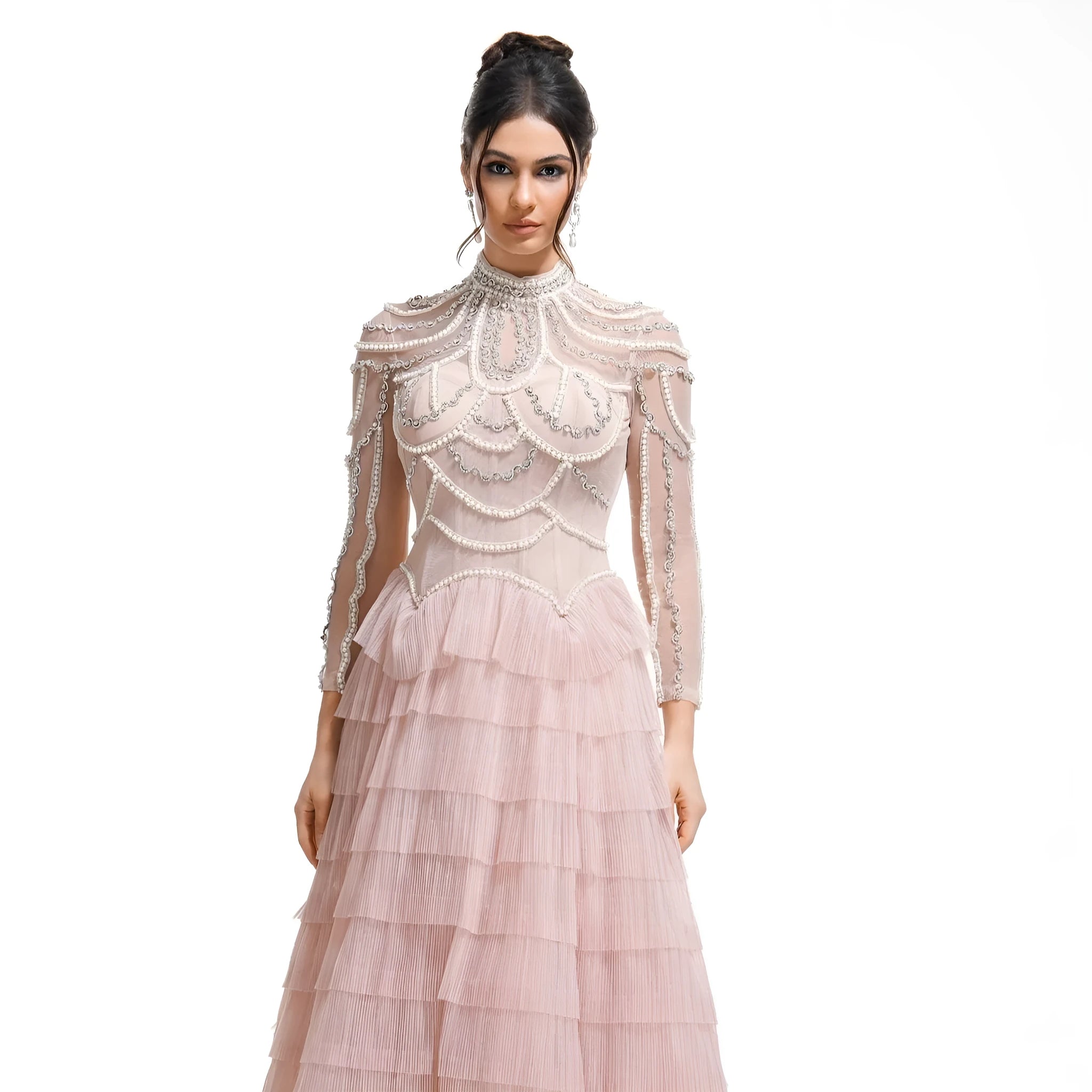 Women's black polyester dress with long sleeves, decorative beadwork, and mid waist design