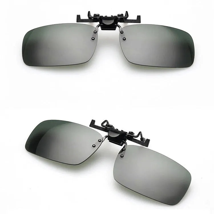 Myopia clip-on driving sunglasses with PC lenses in grey, green, and night vision options.