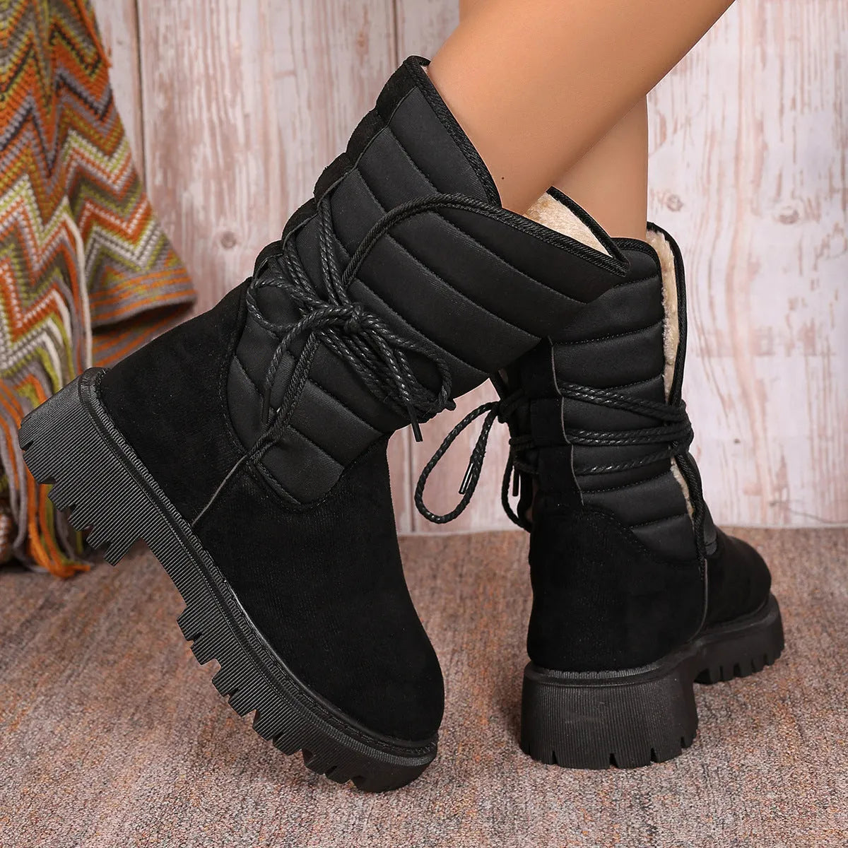 Women's black chunky heel snow boots with suede upper and lace-up design