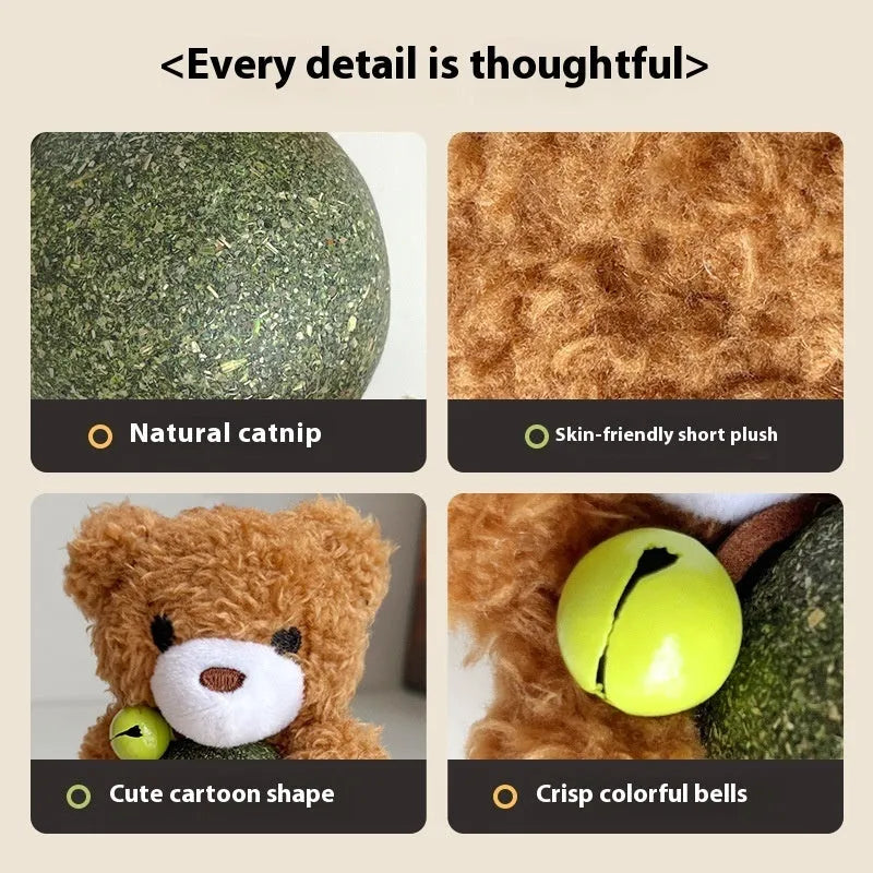 Plush cat toy with bell and mint ball in Brown Bear design, measuring 15cm tall
