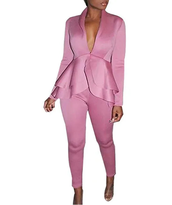 Women's white polyester business casual uniform set with ruffle blouse and pencil pants on a hanger.