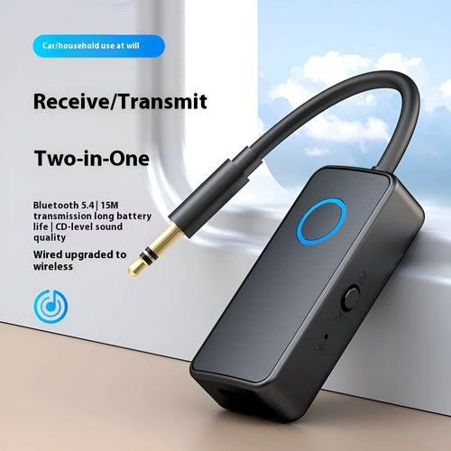 Black Bluetooth 5.4 audio adapter with flexible 3.5mm plug for wireless streaming to car stereos and speakers