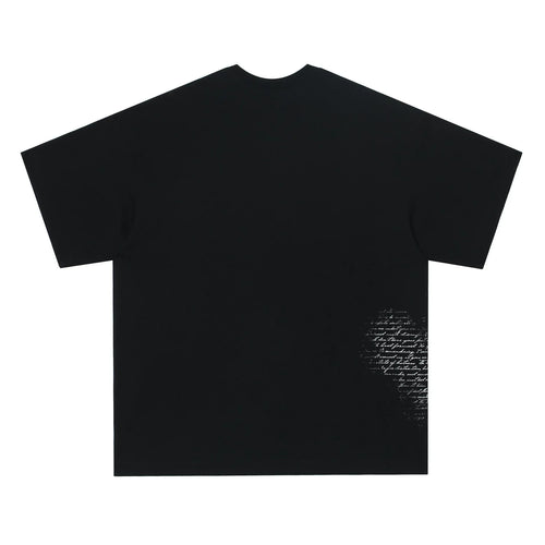 Retro style white cotton T-shirt with black letter print, short sleeves, laid flat.