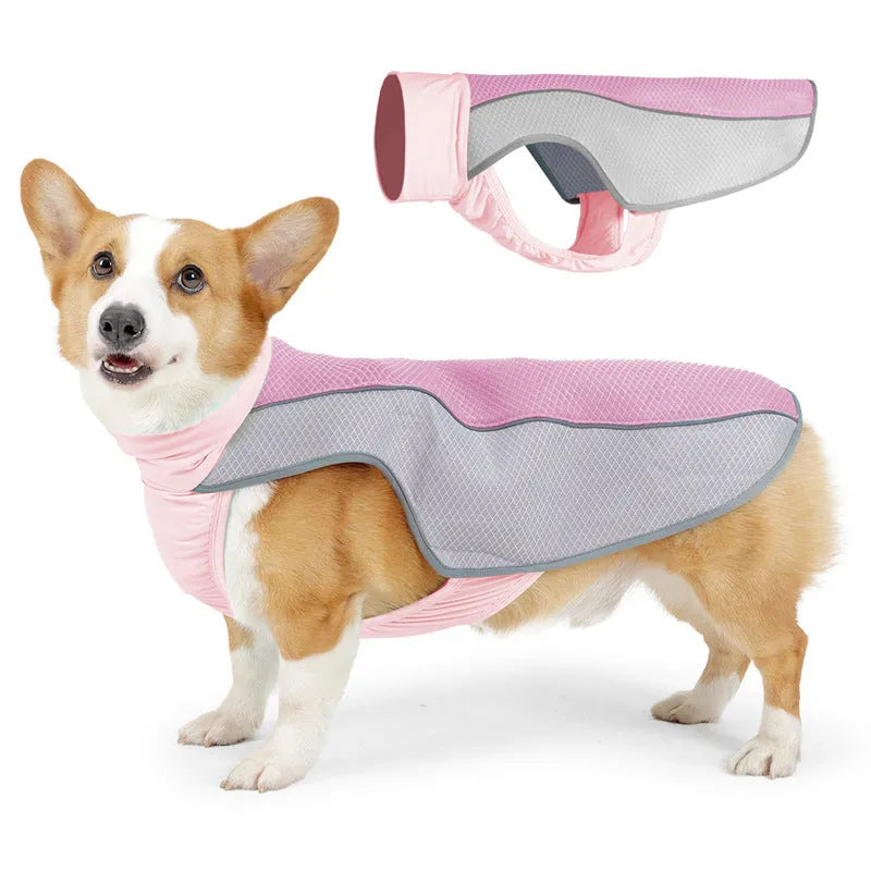 Polyester dog cooling vest in lake blue colour showing breathable fabric construction