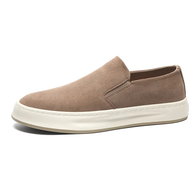 Men's grey and apricot casual shoes with round toe, PU leather upper and rubber sole