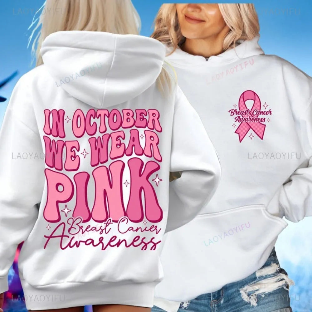 Women's pink Breast Cancer Awareness hoodie with retro art design and side pockets
