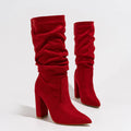 Women's black suede pointed-toe boots with chunky heel and mid-calf shaft height