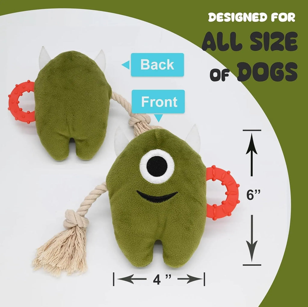 Blue and green plush dog toy with cotton rope sections and squeaker for chewing and tug-of-war