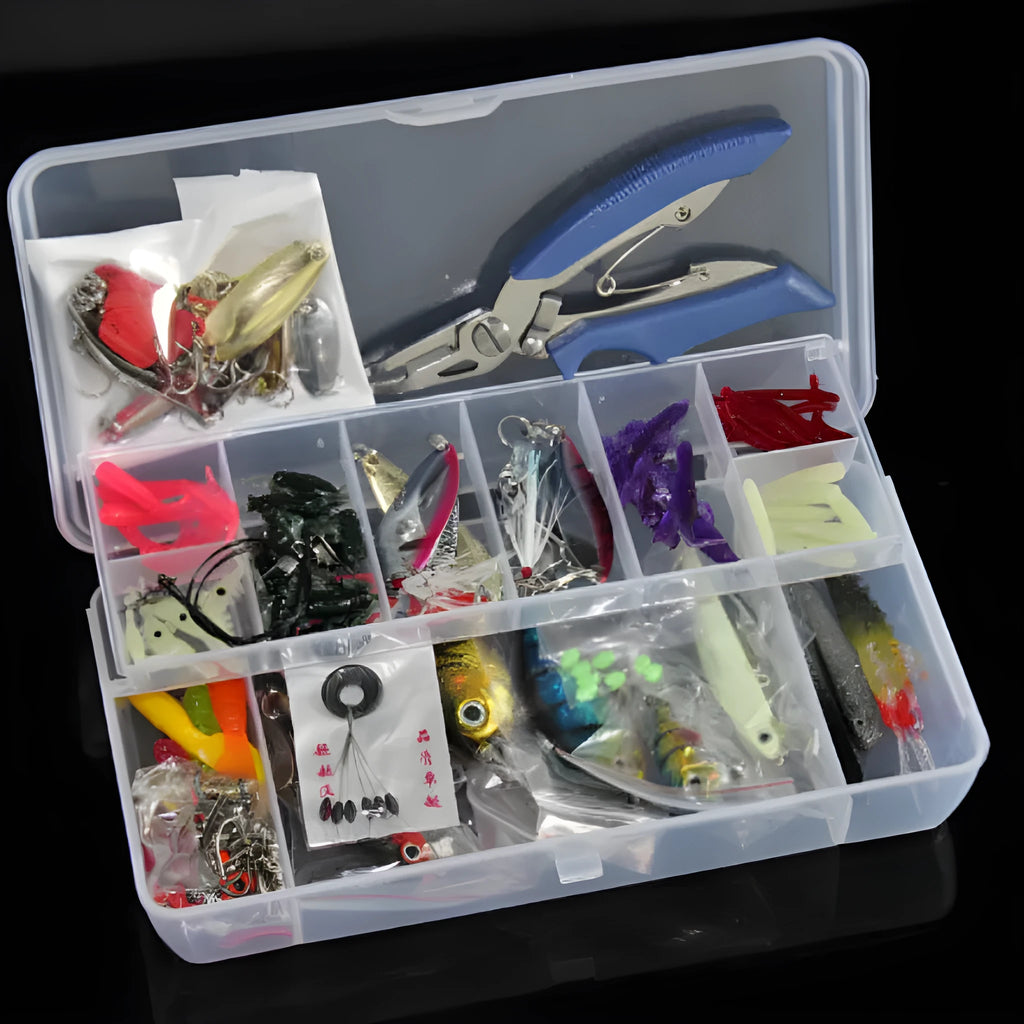 132-piece fishing lure set with plastic baits and high carbon steel hooks in rose red colour