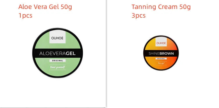 Tanning cream and aloe vera gel combination set in 50g or 100g sizes for natural, deep tanning and after-sun repair.
