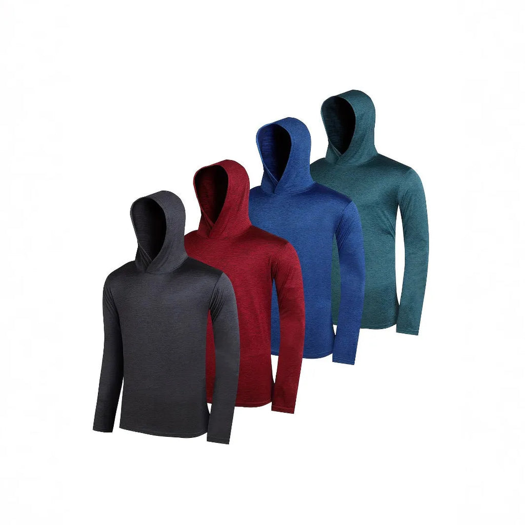 Set of four men's lightweight polyester hoodies on hangers, showing colour options and basic design.